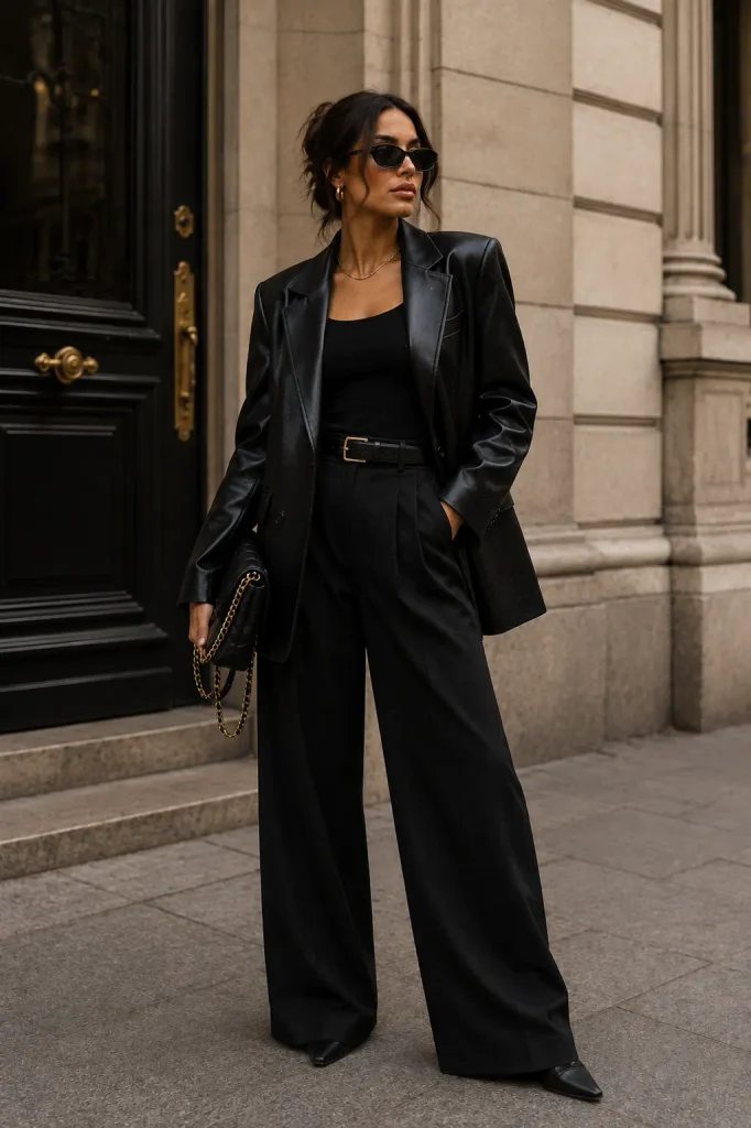Leather Blazer and Wide-Leg Trousers