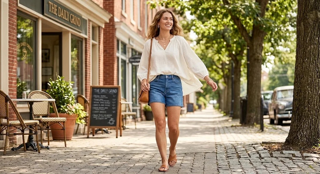 17. Denim Shorts With a Flowy Blouse