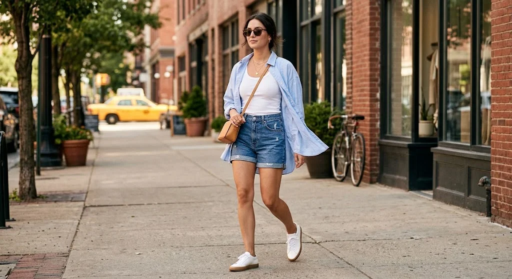 9. Denim Shorts With an Oversized Button-Up