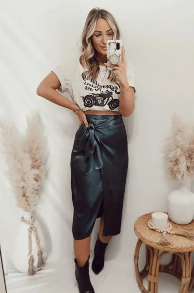Graphic Tee and Glossy Skirt